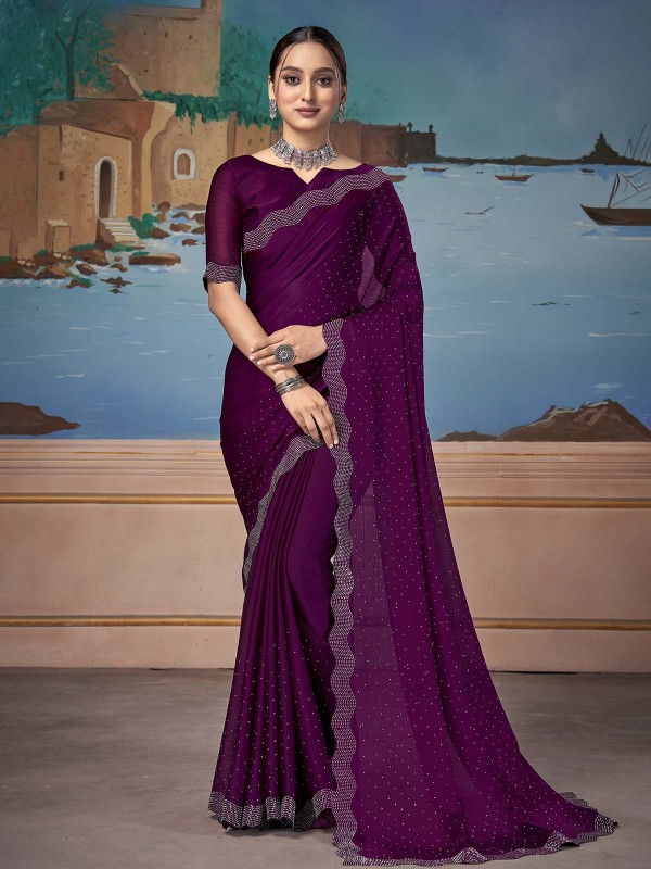 Dark Violet Satin Chiffon Saree